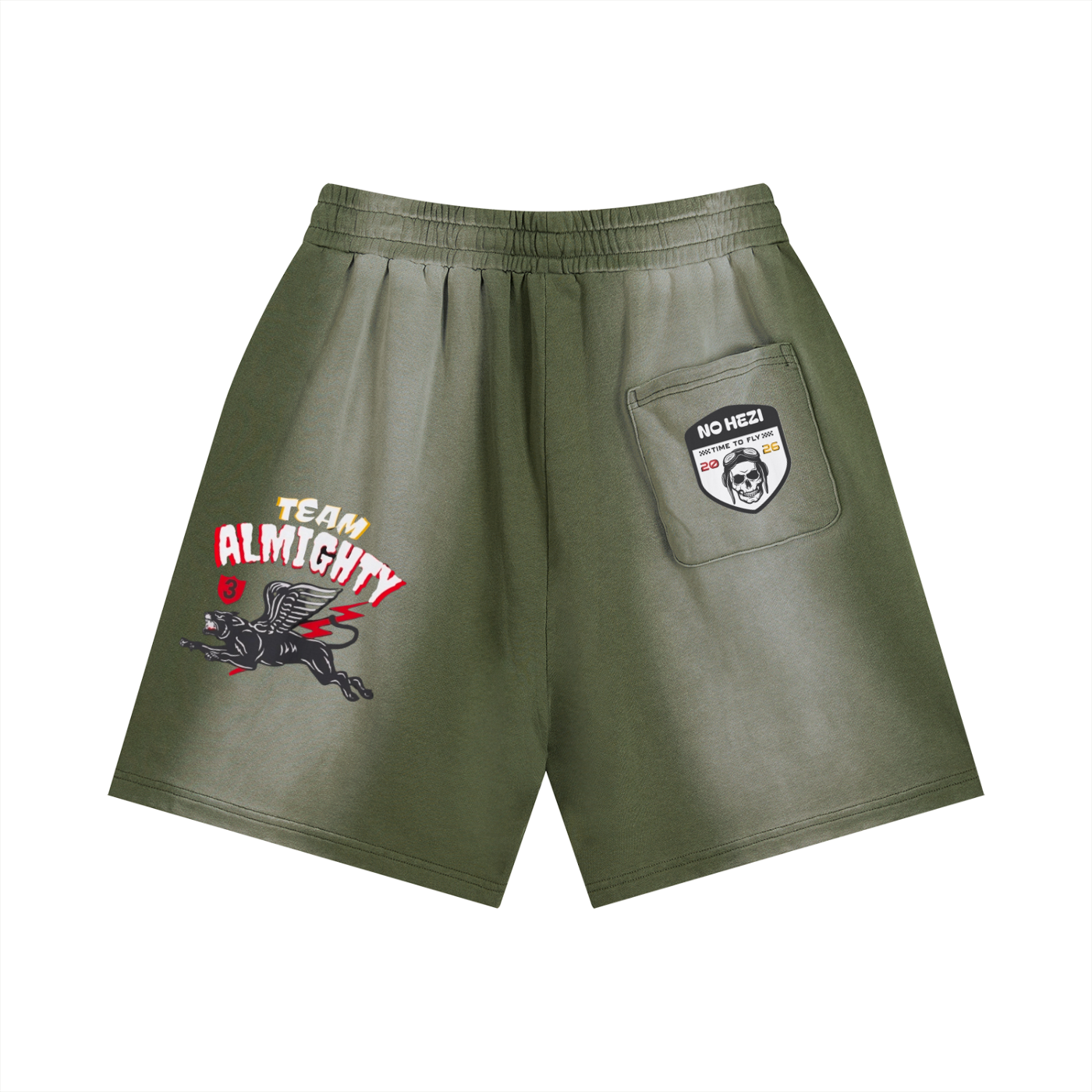 TEAM ALMIGHTY X NO HEZI Sun Faded Shorts
